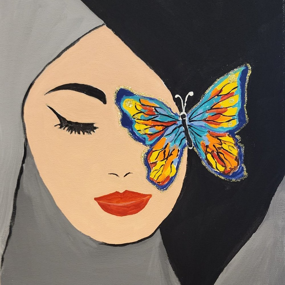 Oil painting of beautiful girl with butterfly